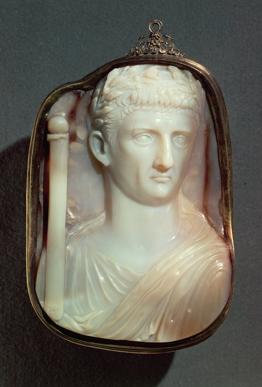 Agat Cameo, bärande porträttet av kejsar Claudius (10BC-54AD), i hög relief (agat) av Roman