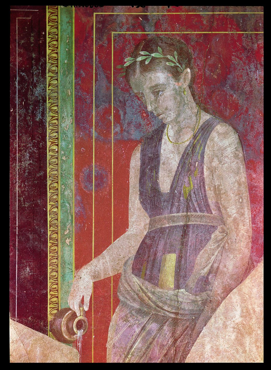 Attendant häller vätska från en kanna, North Wall, Oecus 5, 60-50 BC freskdetalj av 57185 av Roman