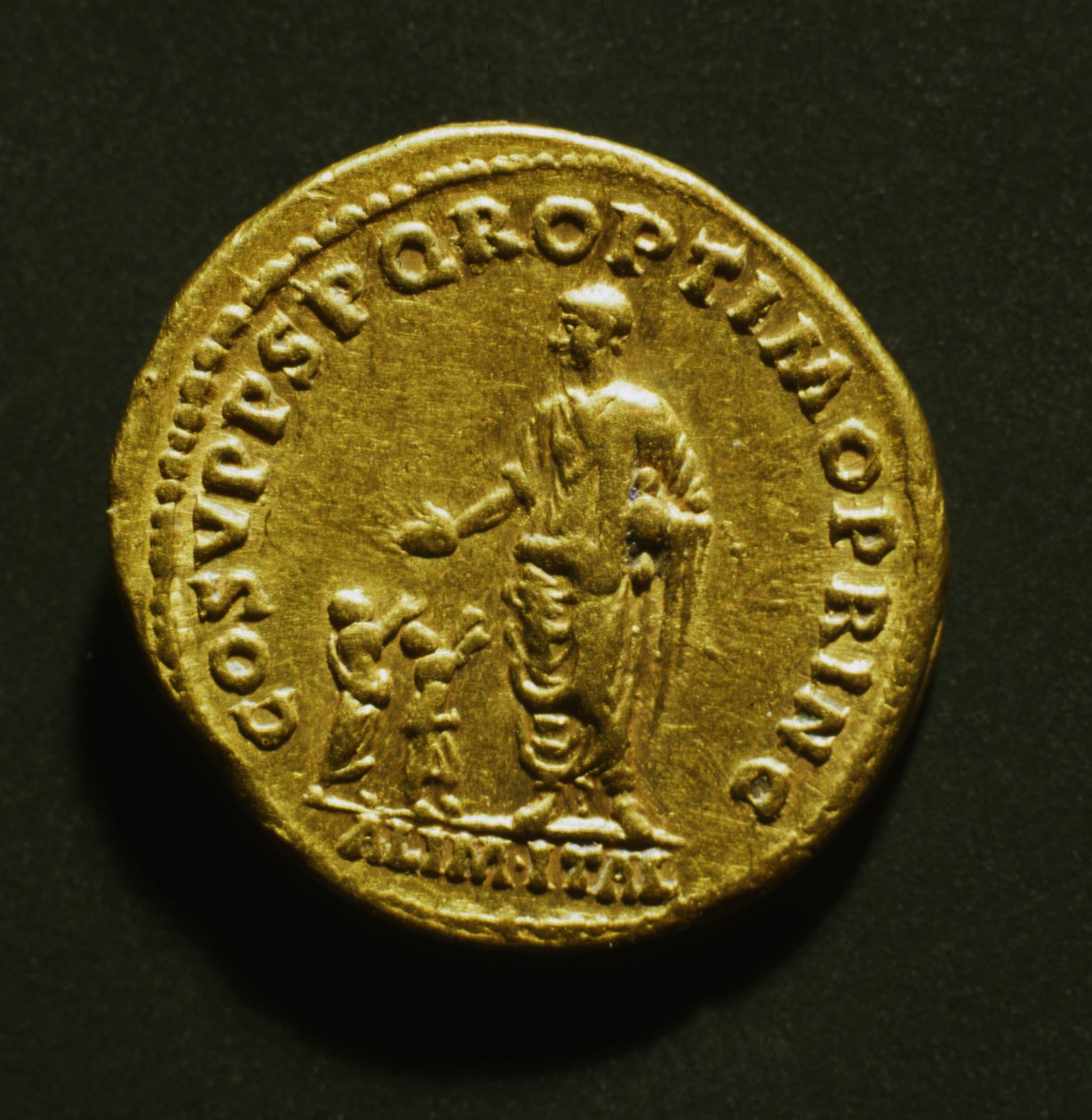 Aureus firar Trajanus utdelning av mat till fattiga barn, 107 AD (guld) av Roman