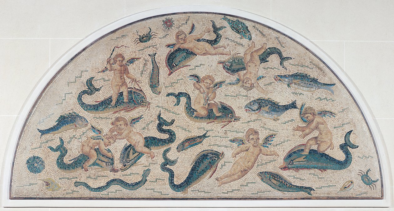 Amor, delfiner och havsliv från Utica, Nordafrika (mosaik) av Roman