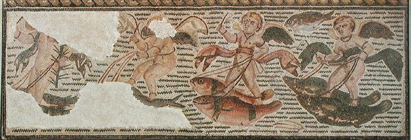 Amors ridande på fisk, fragment av gatsten från Sousse (Hadrumetum) i Tunisien (mosaik) av Roman
