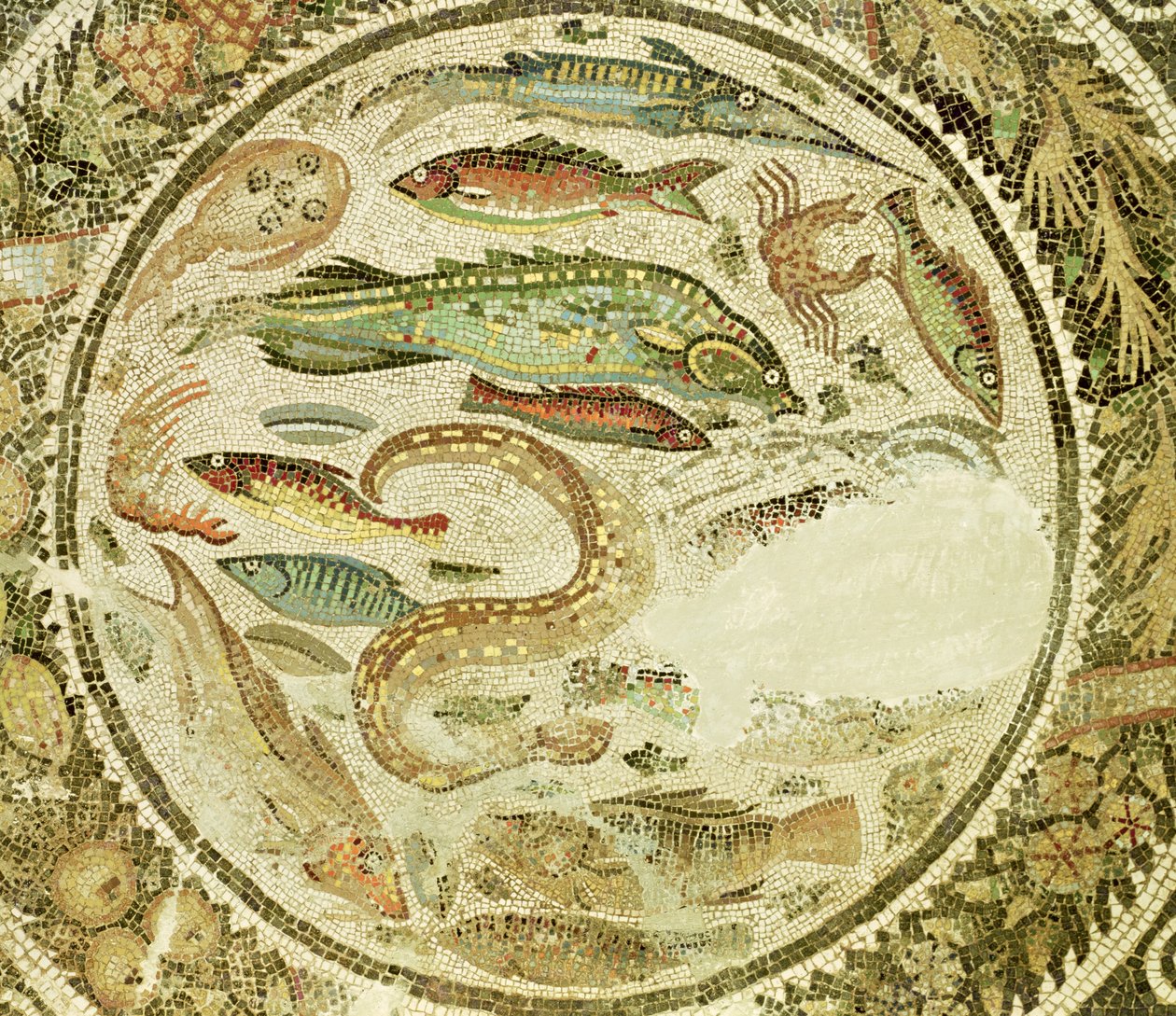 Detalj av fisk, De fyra årstiderna, från Vega Baja mosaik av Roman