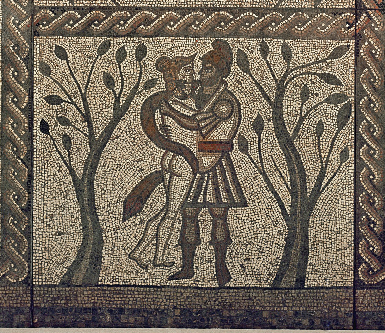 Dido och Aeneas omfamnar varandra, från mosaikstenen i den romerska villan i Low Ham, ca 350 e.Kr. mosaikdetalj av 5959 av Roman