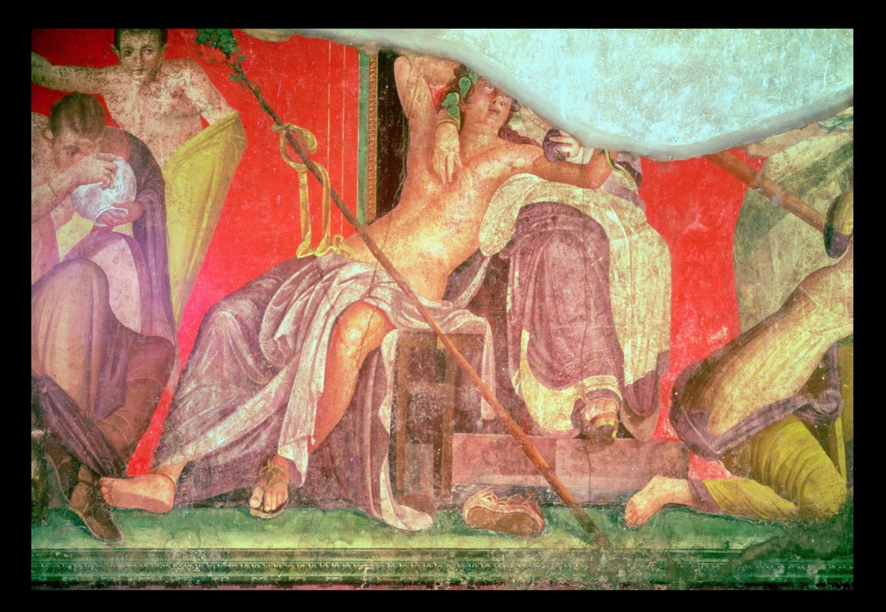 Dionysiskt följe med Dionysos liggandes i knät på en kvinna (möjligen Ariadne, Afrodite eller Semele), East Wall, Oecus 5, 60-50 BC av Roman