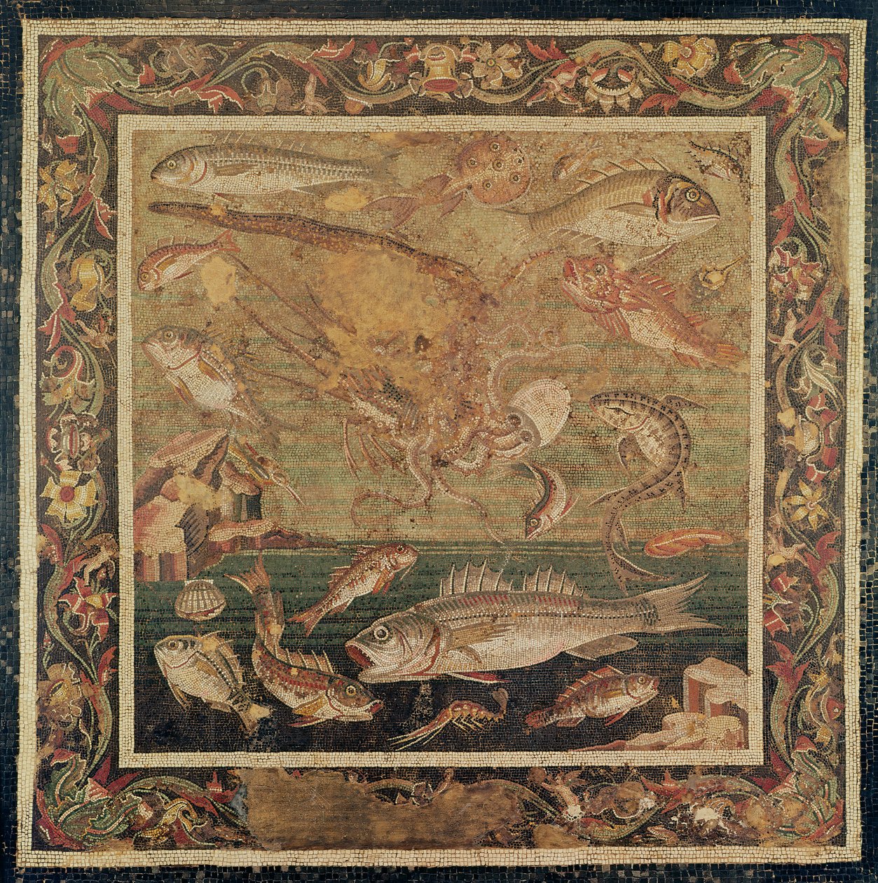 Fisk, blötdjur och kräftdjur (mosaik) av Roman