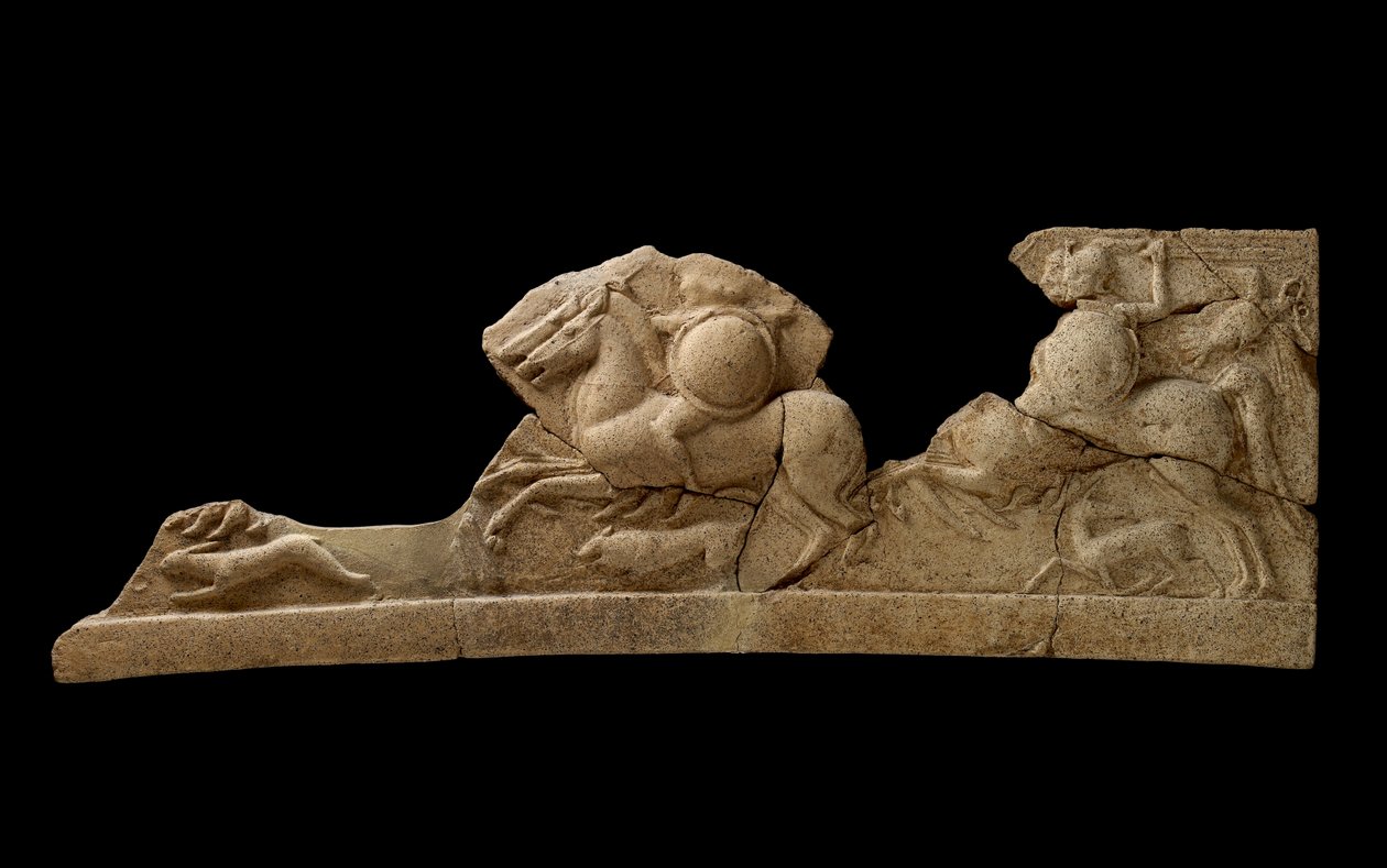 Fris föreställande par av ryttare, en hare, en hund och ett rådjur, andra hälften av 600-talet f.Kr. (terrakotta) av Roman