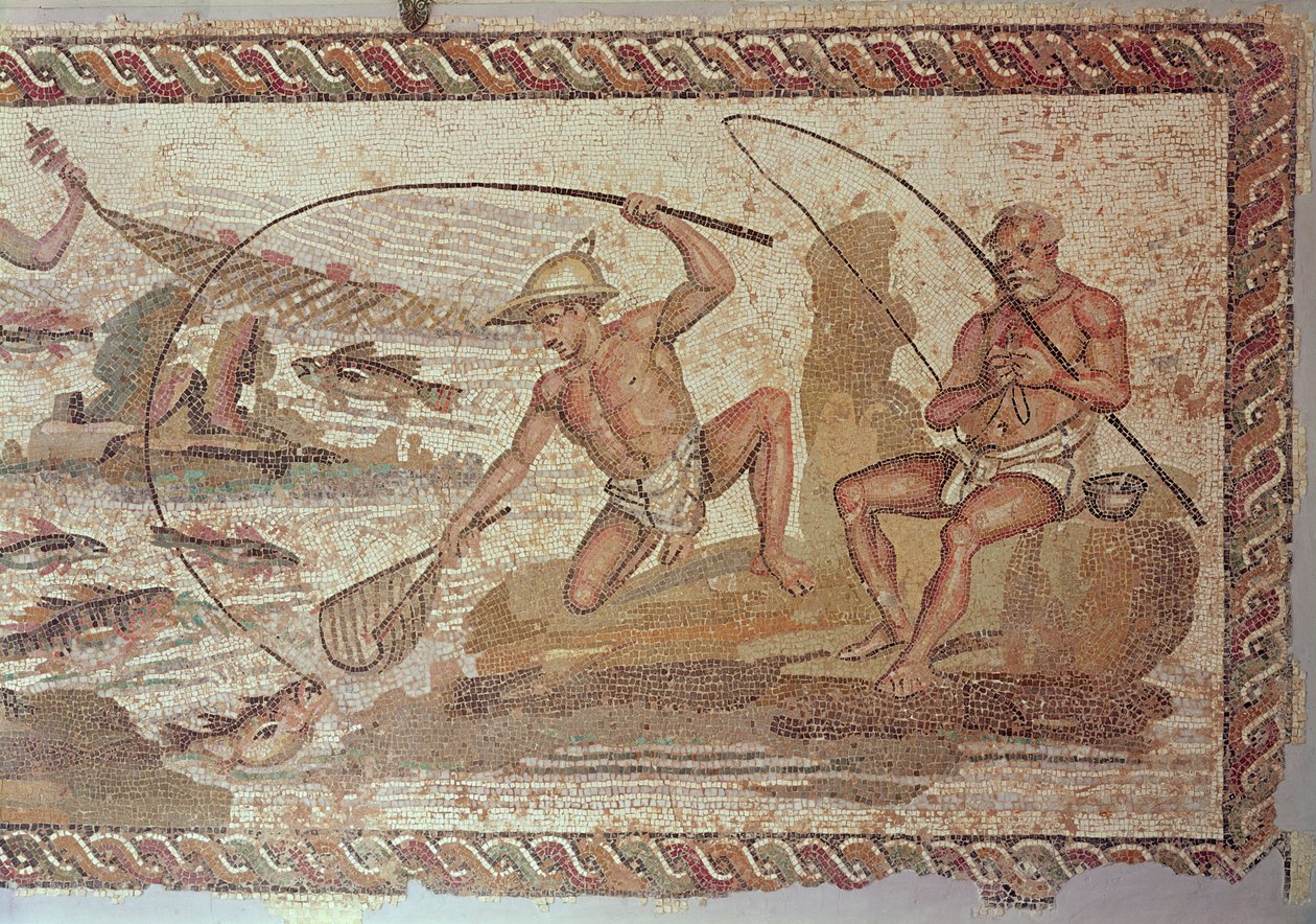 Män som fiskar på Nilen, från Villa Nile, Leptis Magna (mosaik) av Roman