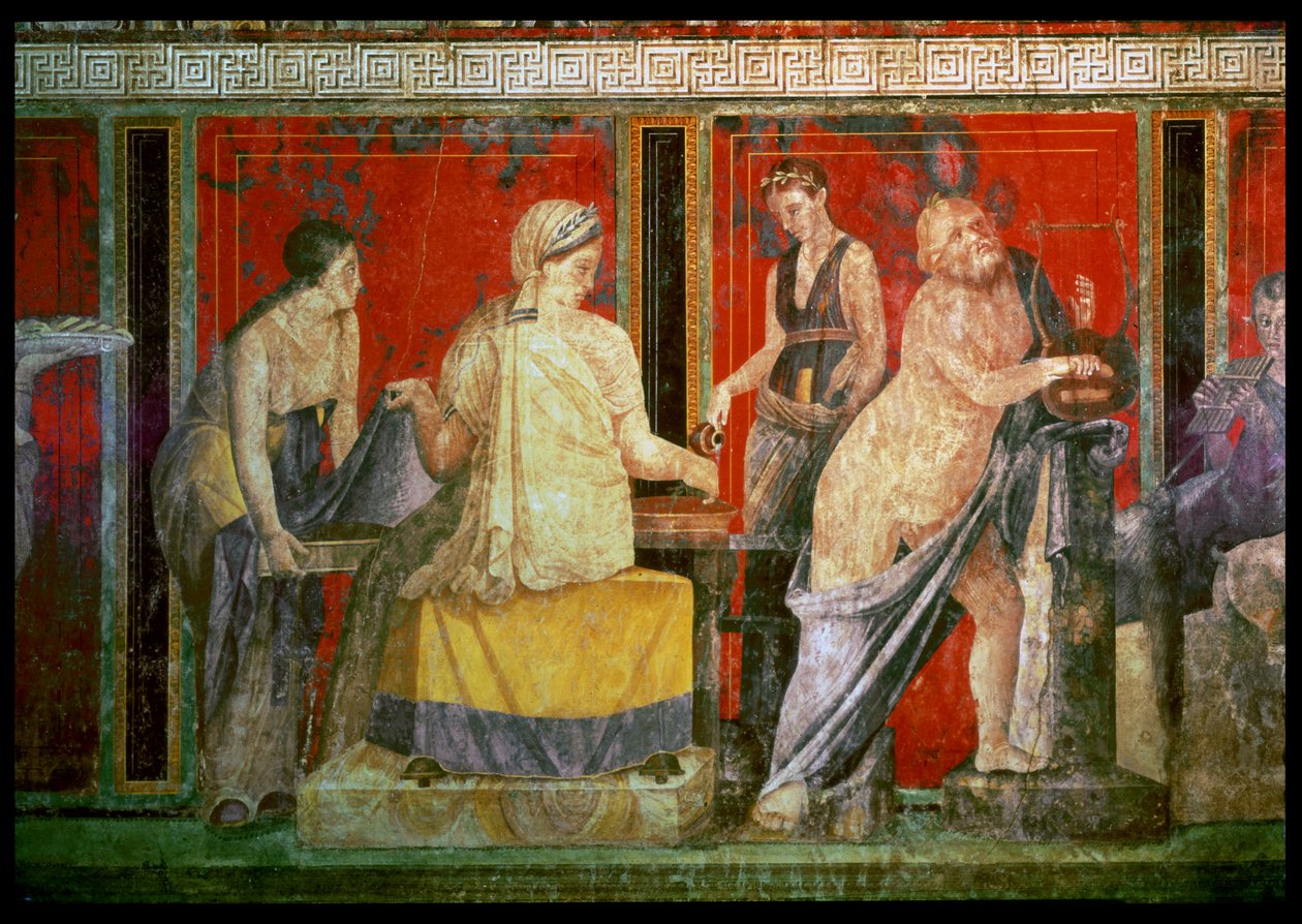 Minister som bär en bricka med mat med Silenus som spelar en lyra och en ung satyr som spelar en Syrinx, North Wall, Oecus 5, 60-50 f.Kr. av Roman