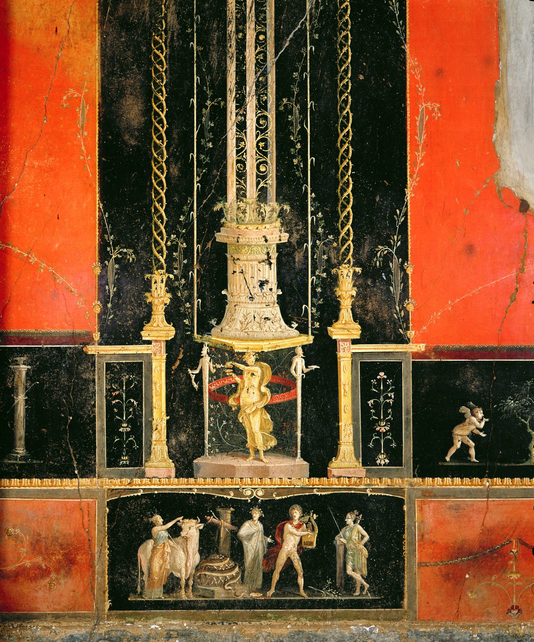 Mytologiska och dekorativa detaljer från den östra väggen i kärleksrummet, Casa dei Vettii, ca 5-79 e.Kr. (väggmålning) av Roman