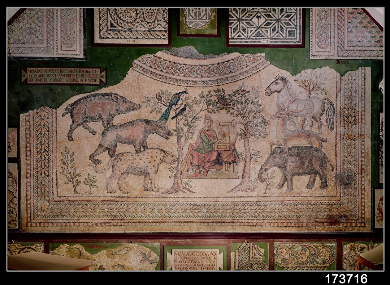 Orfeus som charmar djuren, från platsen i Blanzy (mosaik) (se även 37337) av Roman