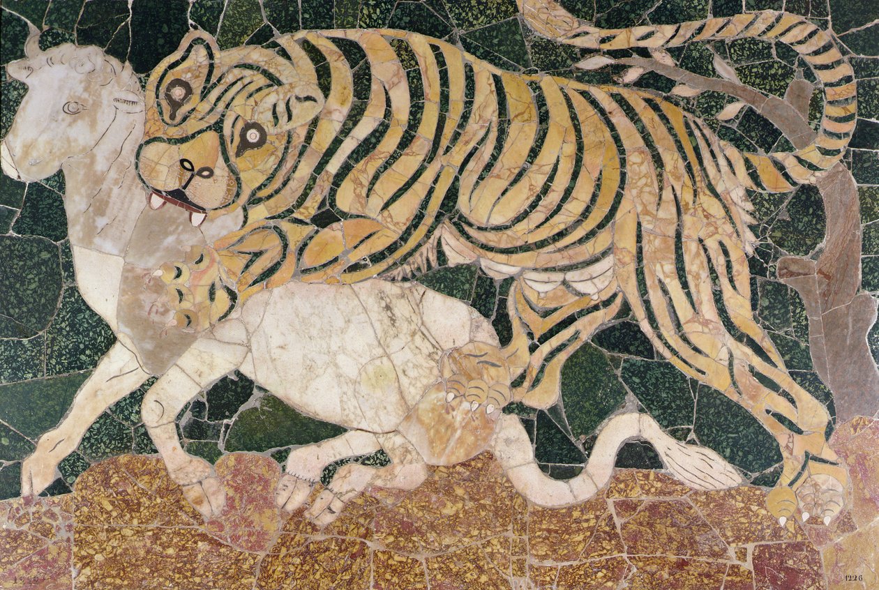 Panel som visar en tiger som attackerar (marmor) av Roman