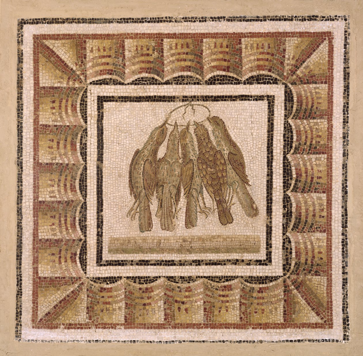 Trottoar som föreställer fem trastar, från El-Jem (Thysdrus) (mosaik) av Roman