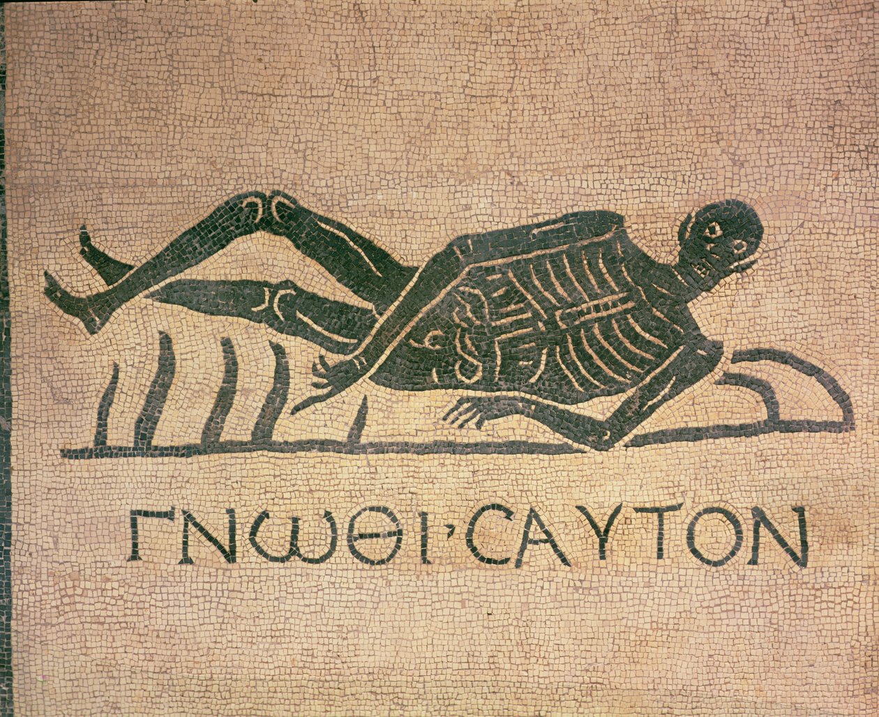 Liggande skelett med texten "Känn dig själv" (mosaik) av Roman