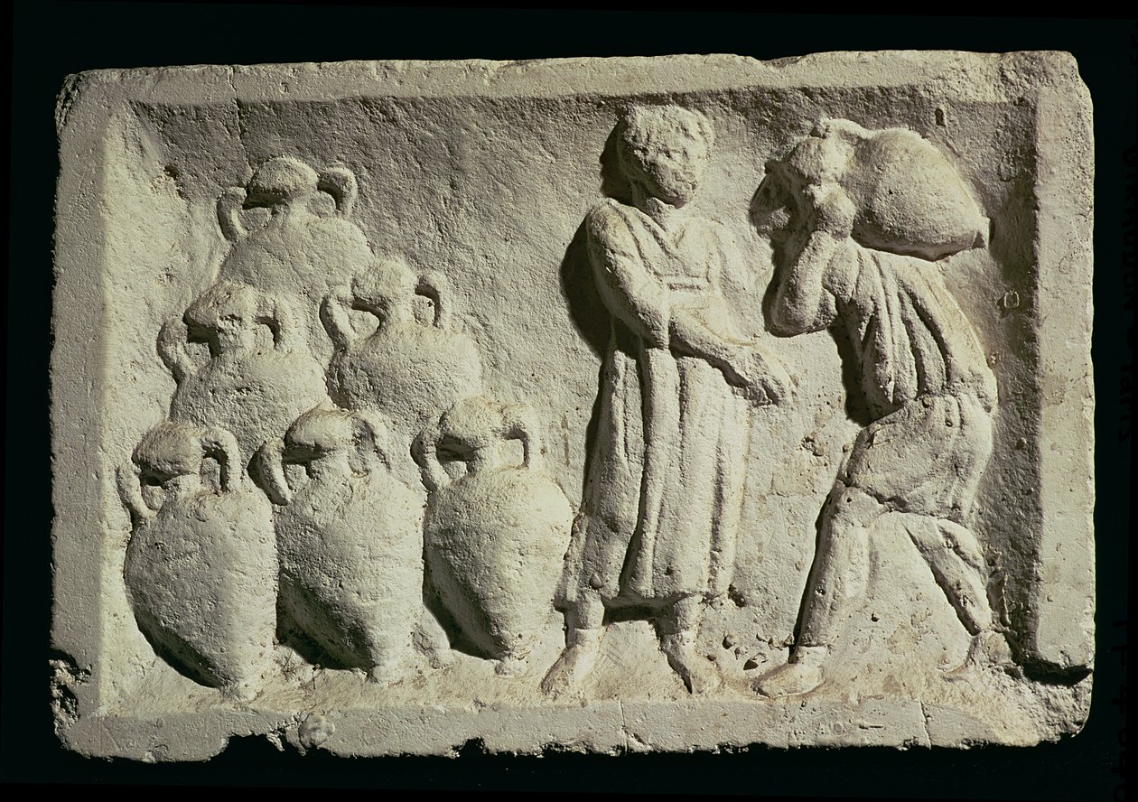 Relief föreställande en leverans av vin av Roman