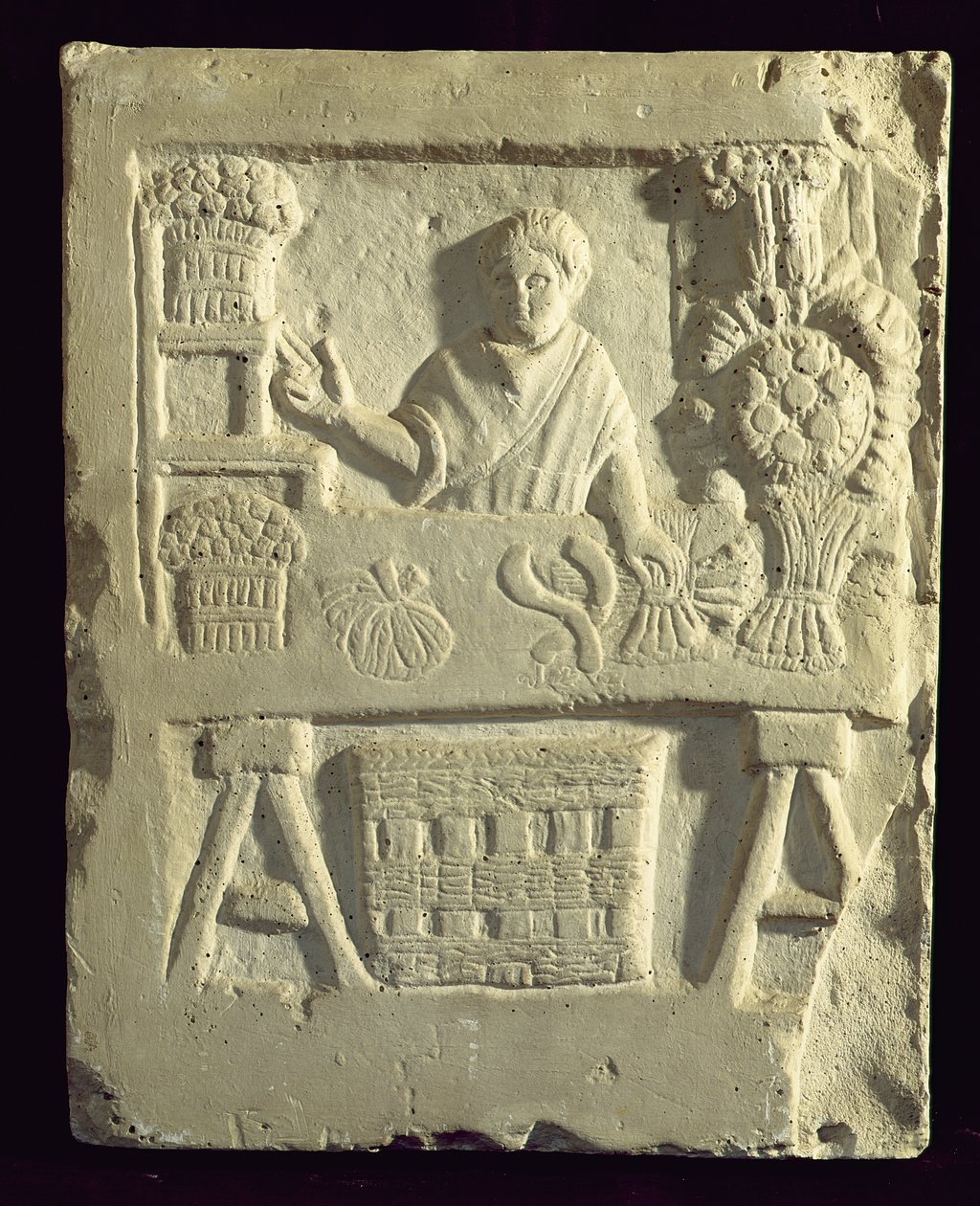 Relief föreställande en blom- och grönsaksförsäljare av Roman