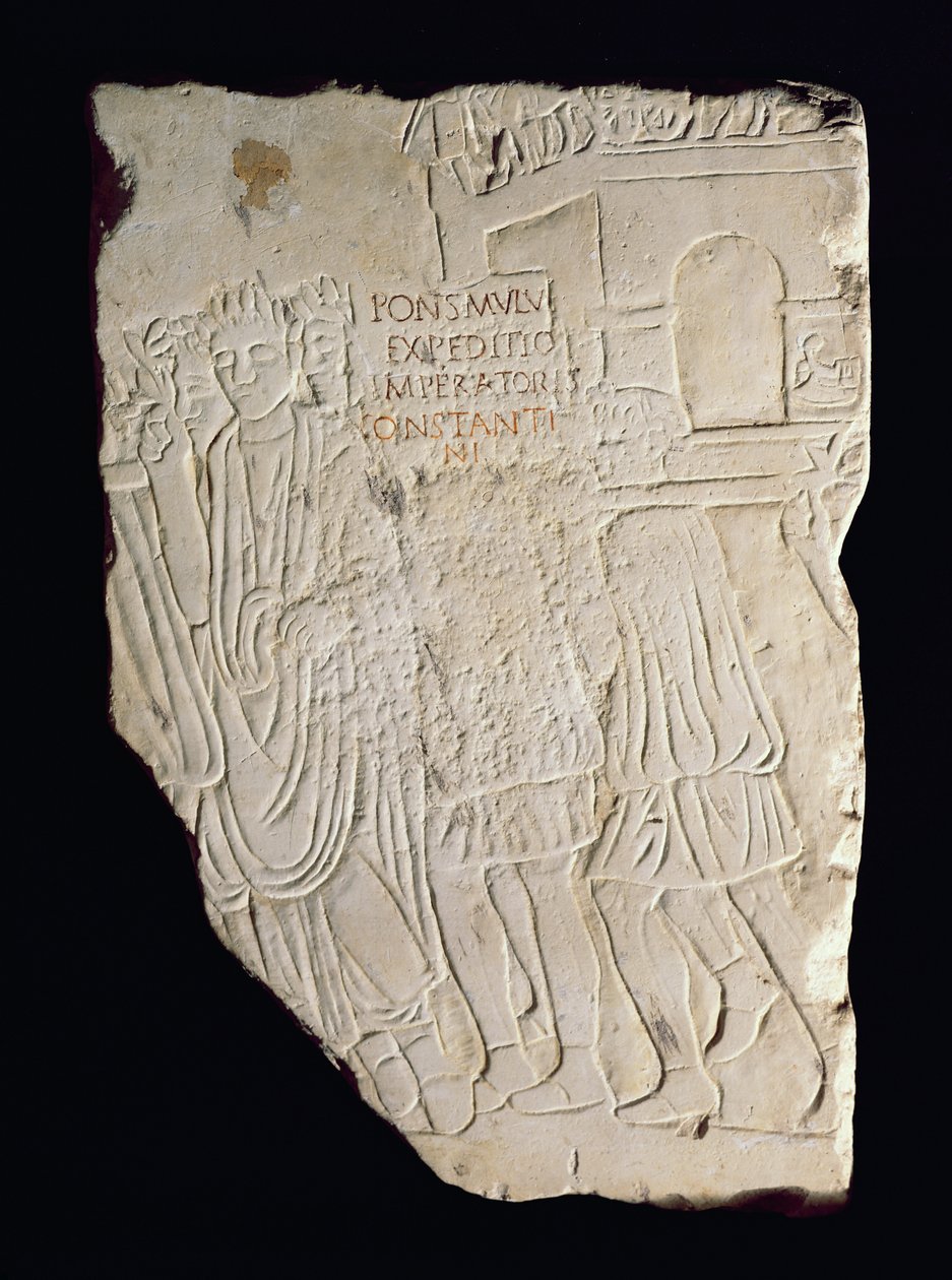 Relief som visar Konstantin den stores (270-337) seger över Maxentius (280-312) i slaget vid Pons Milvius år 312 e.Kr. av Roman