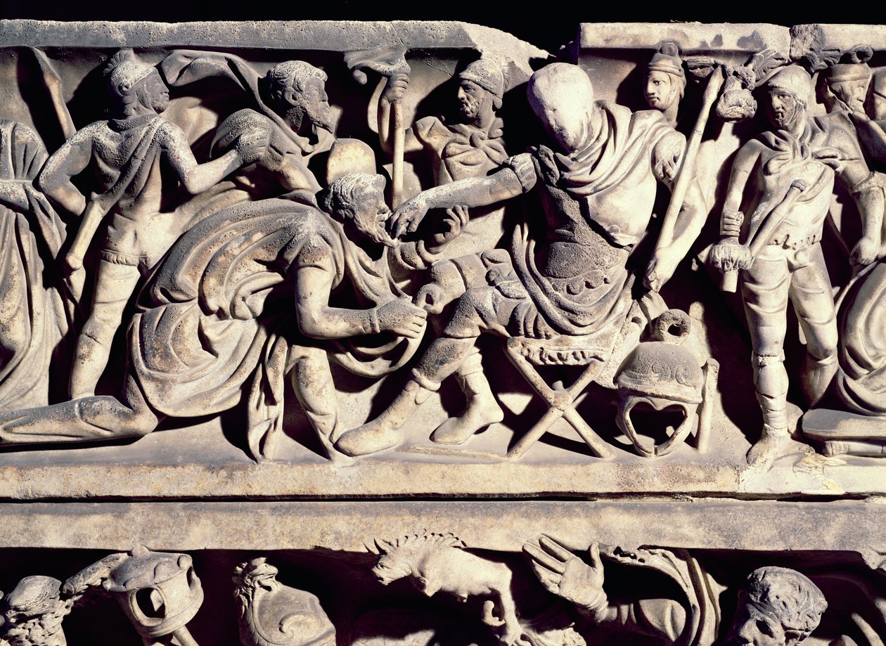 Relief från en sarkofag som visar underkastelsen av en barbar till en romersk general av Roman