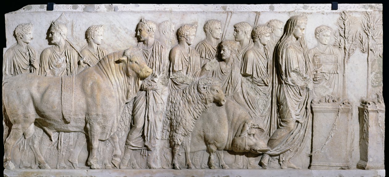 Offer av en tjur, en bagge och en gris för att hedra guden mars, fris från Domitius Ahenobarbus altare, från Neptunus tempel, Rom (detalj) av Roman