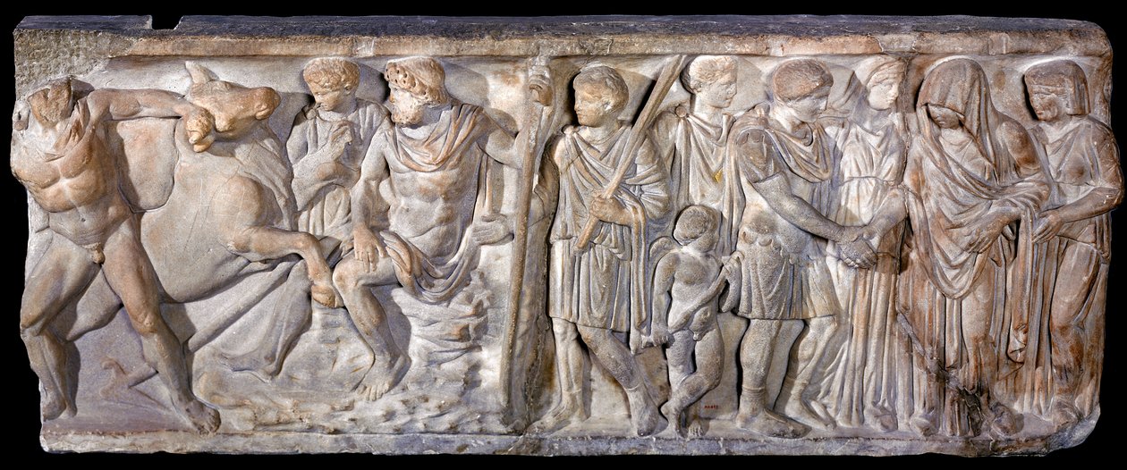 Sarkofag som föreställer Jason och den eldandande tjuren vid Colchis, 753-476 f.Kr. (marmor) av Roman