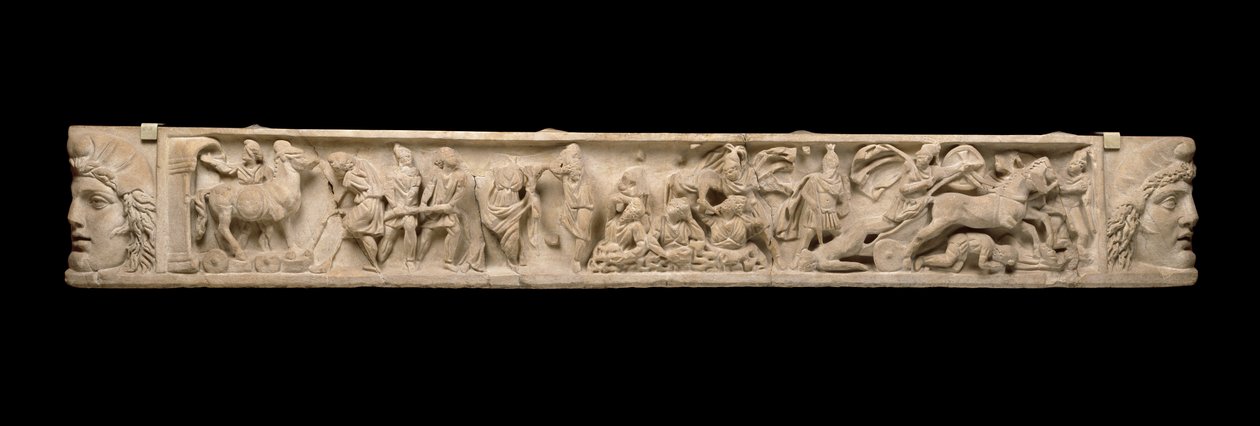 Sarkofaglock med relief av det trojanska kriget - Säcken av Troja, den trojanska hästen och Achilles och Hectors kropp, ca 200 e.Kr. (marmor) av Roman
