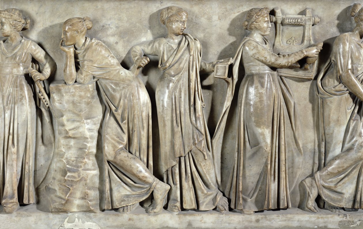Musernas sarkofag, detalj föreställande Calliope, Polyhymnia och Terpsichore, ca 160 e.Kr. (marmor) av Roman