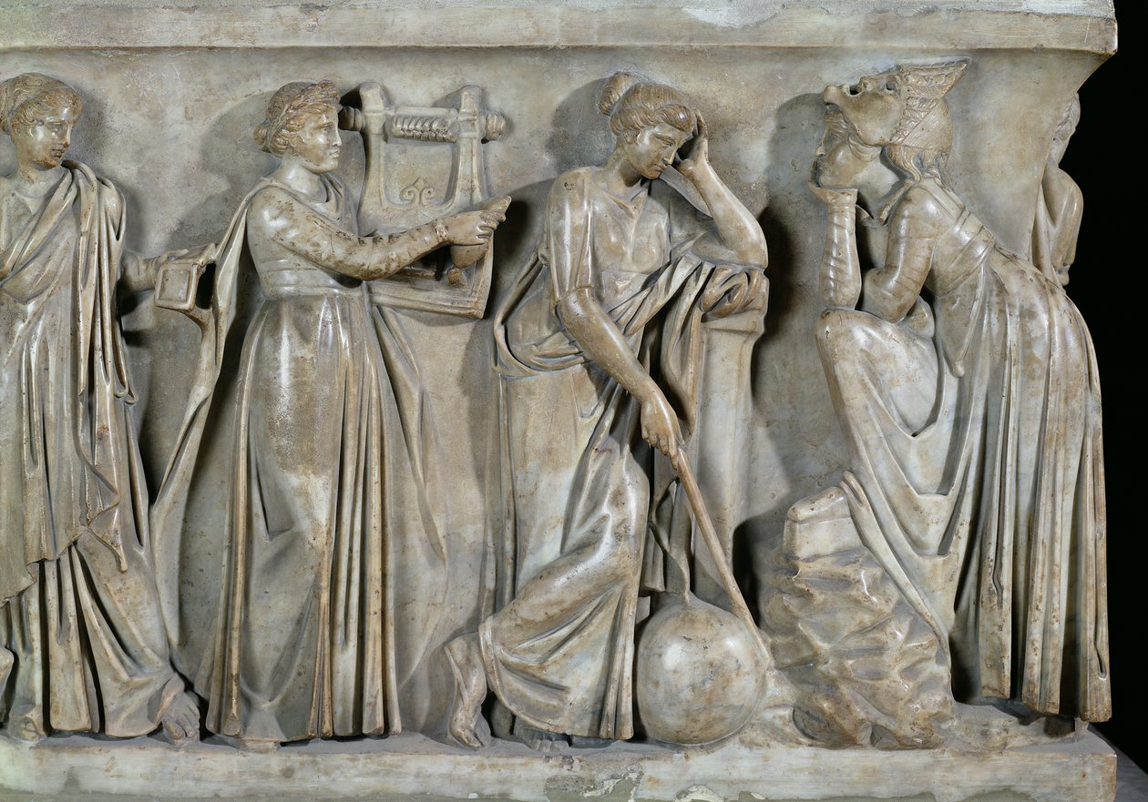 Musernas sarkofag, detalj som visar Terpsichore, Urania och Melpomene, ca 160 e.Kr. (marmor) av Roman