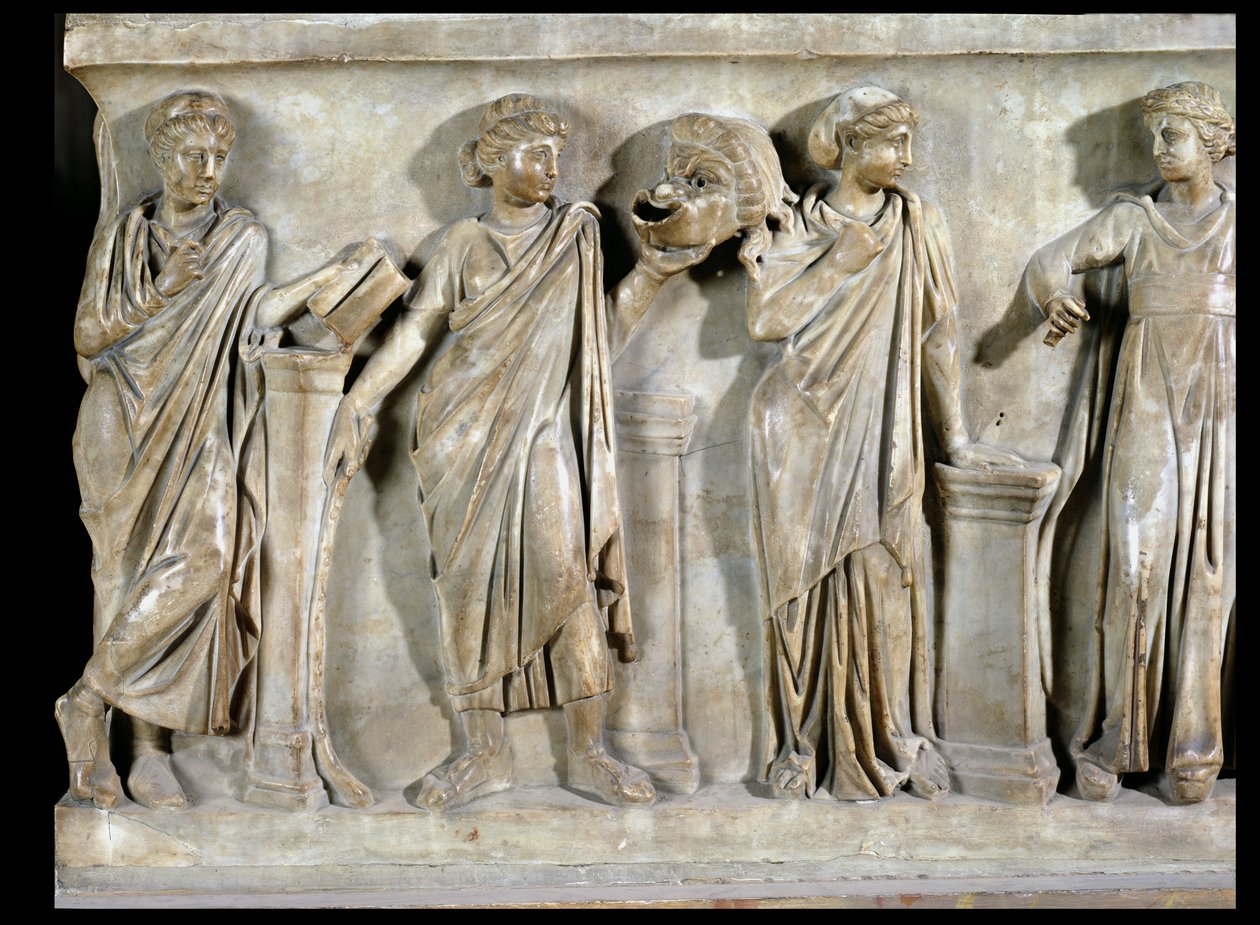 Musernas sarkofag, detalj av Clio, Thalia och Erato, ca 160 marmor av Roman