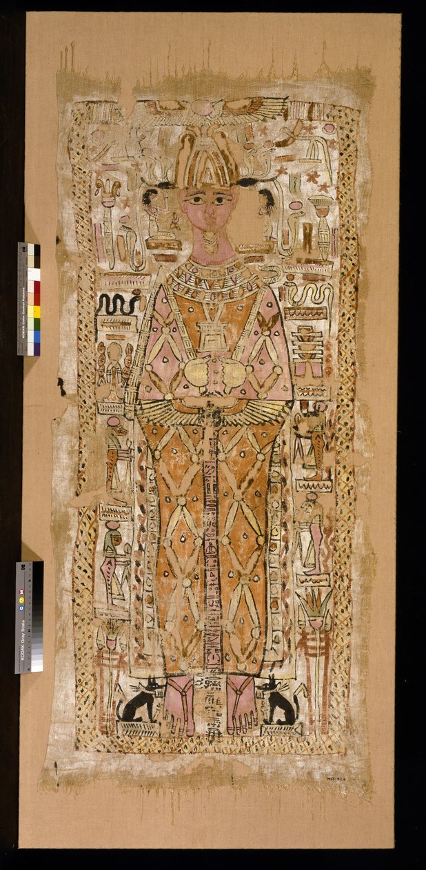 En likduk som föreställer den avlidne, en man vid namn Nespatawi, som Osiris, flankerad av medföljande gudar och symboler (målat linne). av Roman