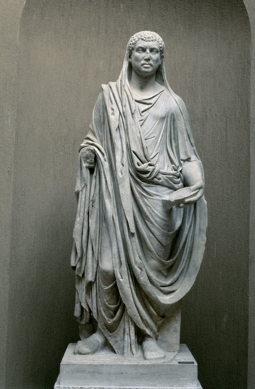 Staty av kejsar Maxentius (306-312 e.Kr.) som Pontifex Maximus (marmor) av Roman