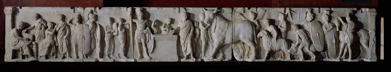 Att ta folkräkningen och offra en tjur, en bagge och en gris för att hedra guden Mars, fris från Domitius Ahenobarbus altare, från Neptunus tempel, Rom av Roman