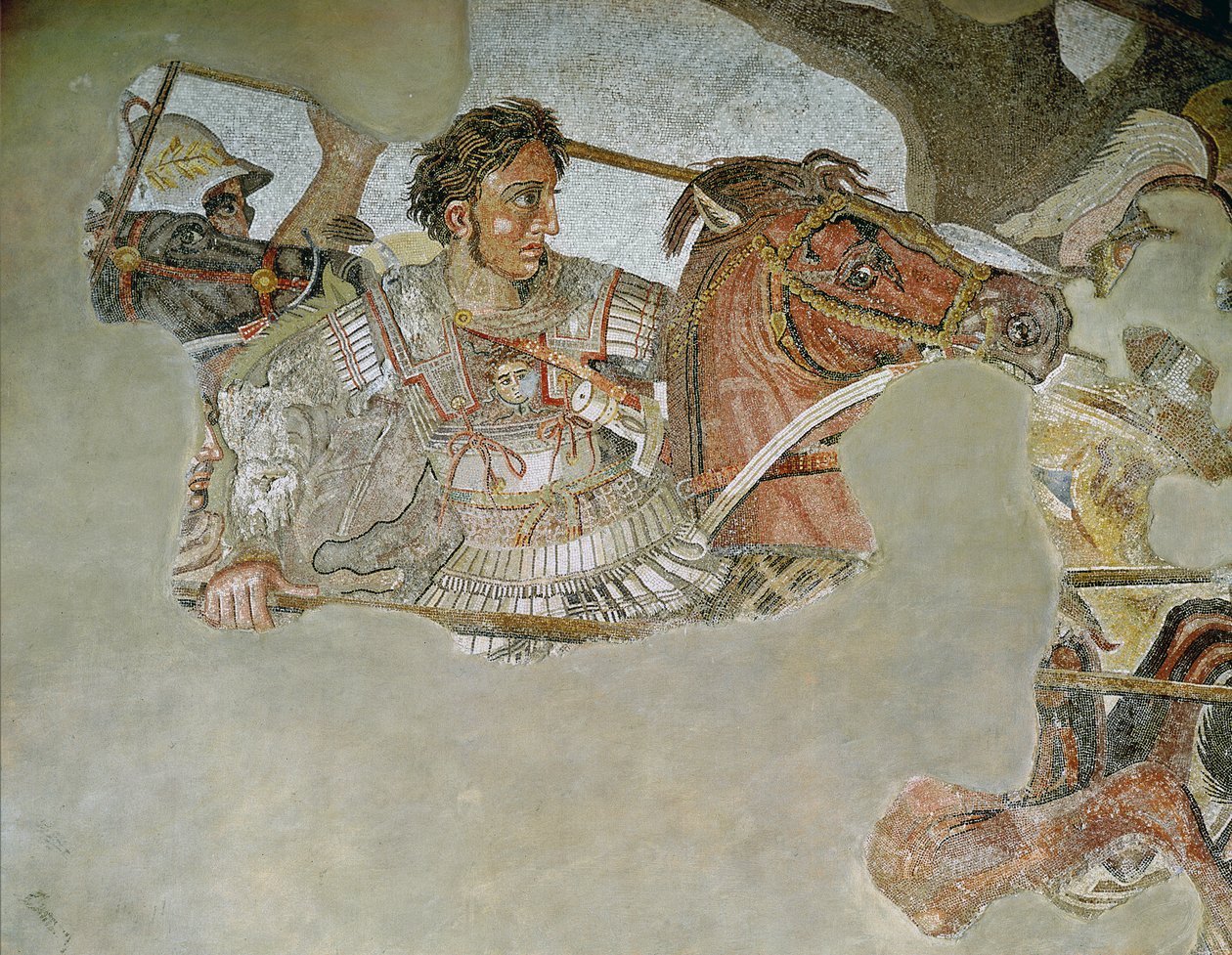 Alexandermosaiken, detalj som visar Alexander den store 356-323 f.Kr. vid slaget vid Issus mot Darius III 399-330 f.Kr. i 333 f.Kr. mosaikdetalj av 154003 av Roman