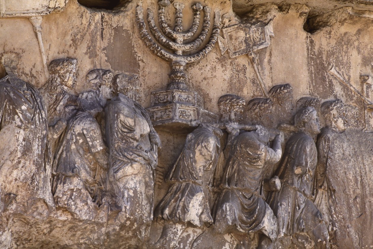 Titusbågen, detalj av hur tempelskatterna transporteras efter Jerusalems plundring år 70 e.Kr., 81 e.Kr. sten av Roman
