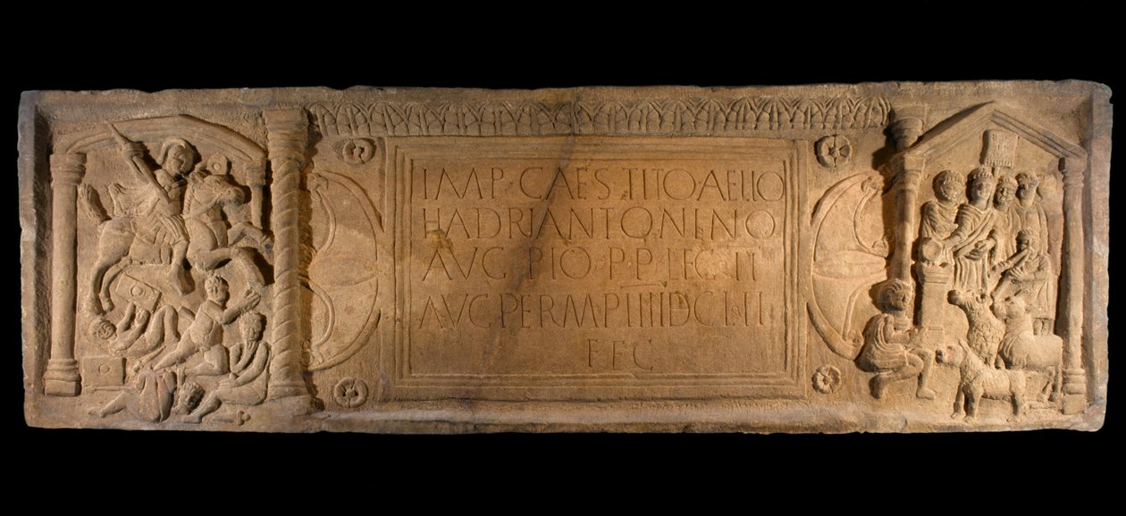 The Bridgeness Slab, detalj från en sandstensplatta, som symboliserar den romerska erövringen, från Bridgeness, West Lothian, ca 142 e.Kr. av Roman
