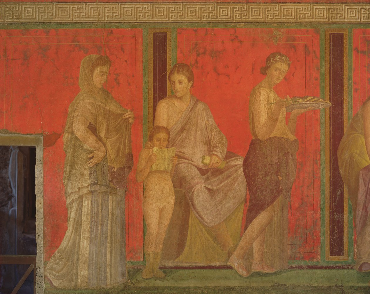 Katekesen med en ung flicka som läser och den invigde som ger ett erbjudande, North Wall, Oecus 5, c.60-50 BC (se även 55070, 57184 och 166518) av Roman