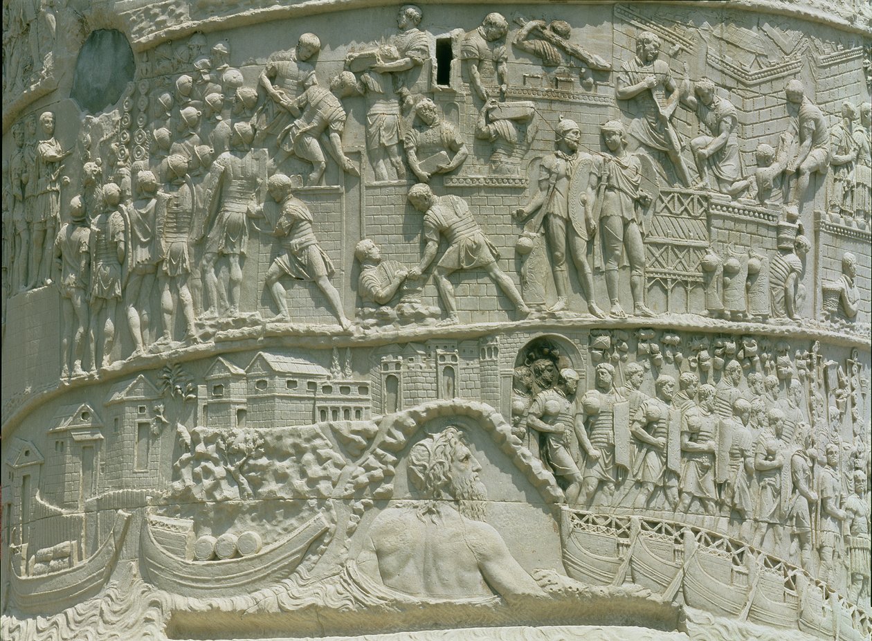 Den romerska armén som korsar Donau, detalj från Trajanus pelare, 113 e.Kr. (kalksten) av Roman