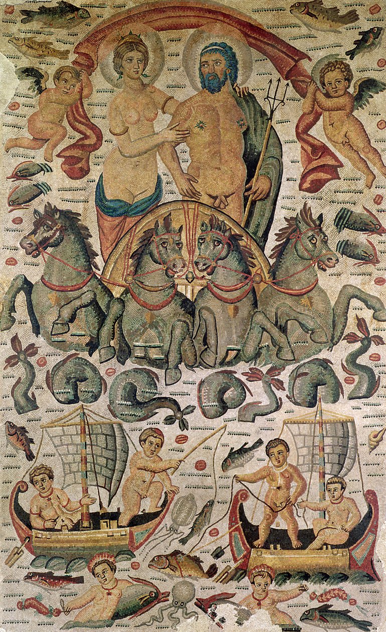 Neptunus och Amfitrites triumf, fragment av gatsten från Constantine, Algeriet (mosaik) av Roman