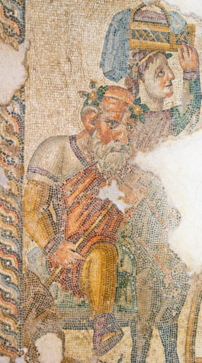 Dionysos triumferande procession, detalj av Seilenos som rider på sin åsna. Aions hus, Paphos, Cypern mosaik av Roman