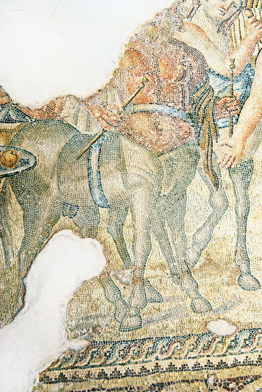 Den triumferande processionen av Dionysos, detalj av två kentaurer, Aions hus, Paphos, Cypern mosaik av Roman