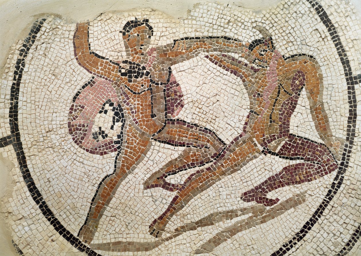Två gladiatorer i strid (mosaik) av Roman