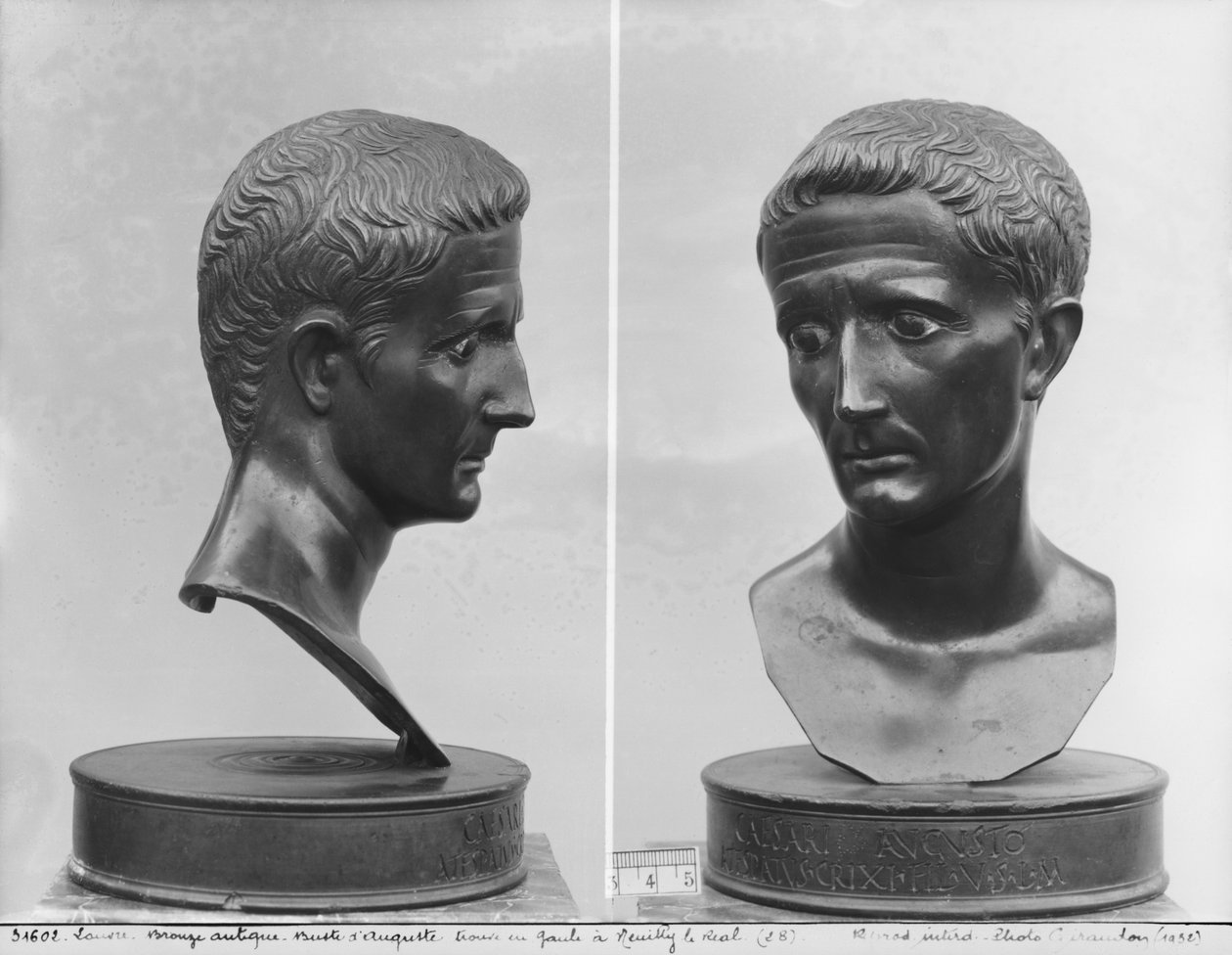 Två vyer av en byst av kejsar Augustus (63 f.Kr.-14 e.Kr.) (brons) av Roman