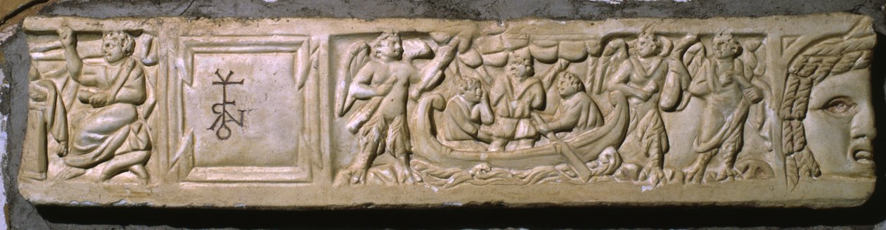 Ulysses och sirenerna, fragmentariskt lock från en sarkofag (marmor) av Roman