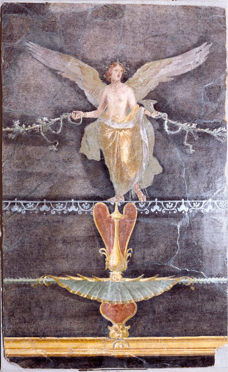 Väggfragment med bevingad hona (Nike) på svart mark, ca. 70 av Roman