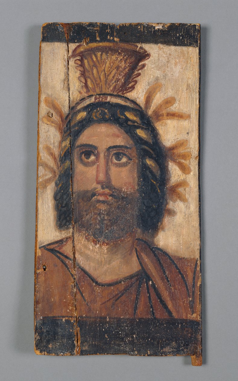 Panel med målad bild av Serapis som bär en guldkrona från Kalathos, 180-200 e.Kr. (tempera på trä) av Roman Period Egyptian