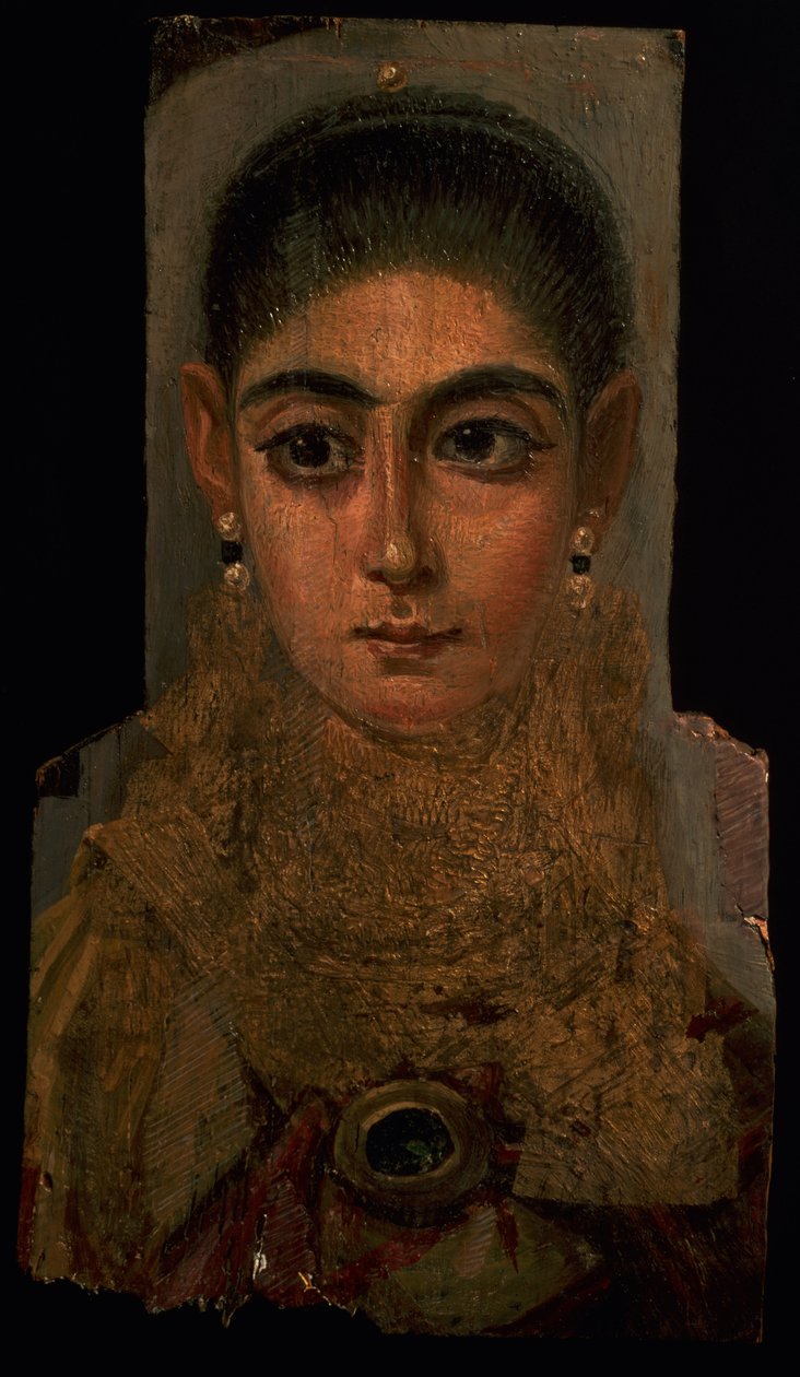 Porträtt av en kvinna som bär en pectoral i guld, gravdekoration, från Fayum, 120-130 AD (enkaustisk vax och färg på trä) av Roman Period Egyptian