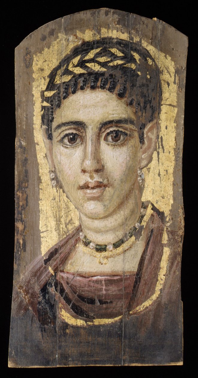 Porträtt av en ung kvinna med en förgylld krans, 120-140 AD (encaustic, trä, bladguld) av Roman Period Egyptian