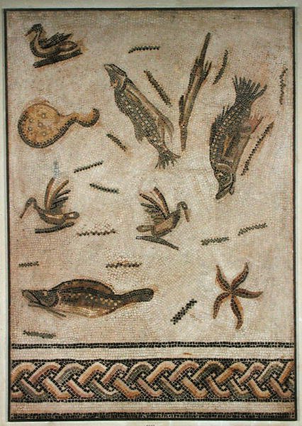Ankor och marin fauna, fragment av trottoar från Utica, Tunisien, 3:e-4:e århundradet (mosaik) av Roman Roman