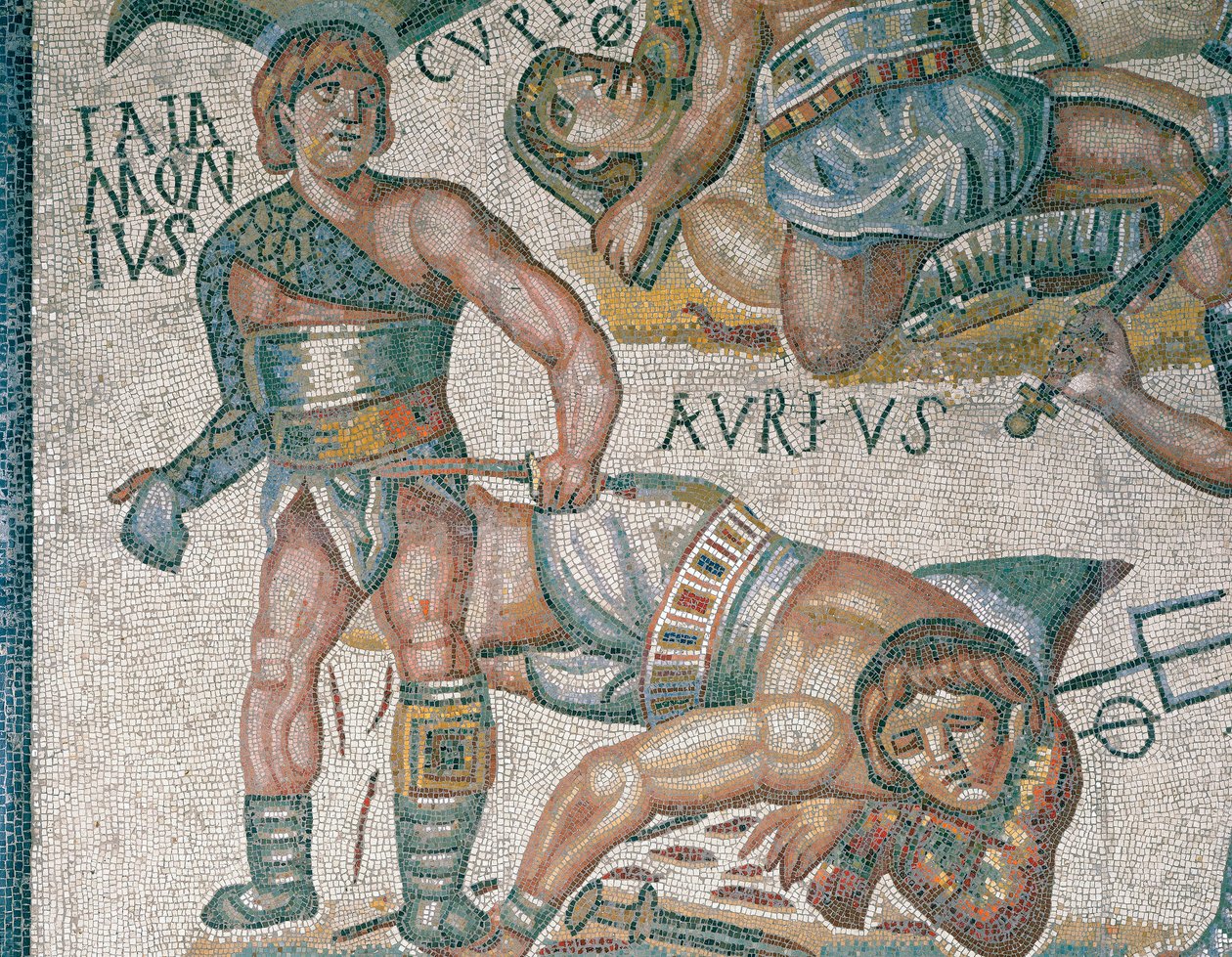 Mosaik som visar en scen med stridande gladiatorer, detalj, inrymt i Borghese-galleriet i Rom av Roman Roman