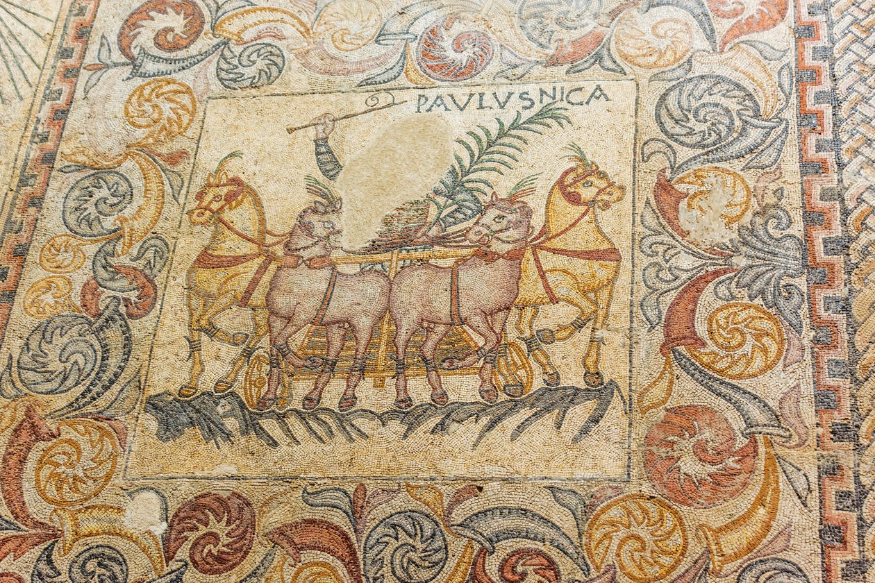 Mosaiker som föreställer vagnförare som kör fyra hästar av Roman Roman