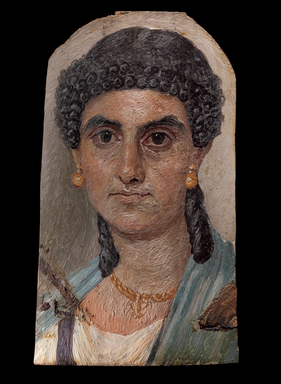Panelmålning av en kvinna i blå mantel, 54-68 AD (enkaustisk på trä) av Roman Roman
