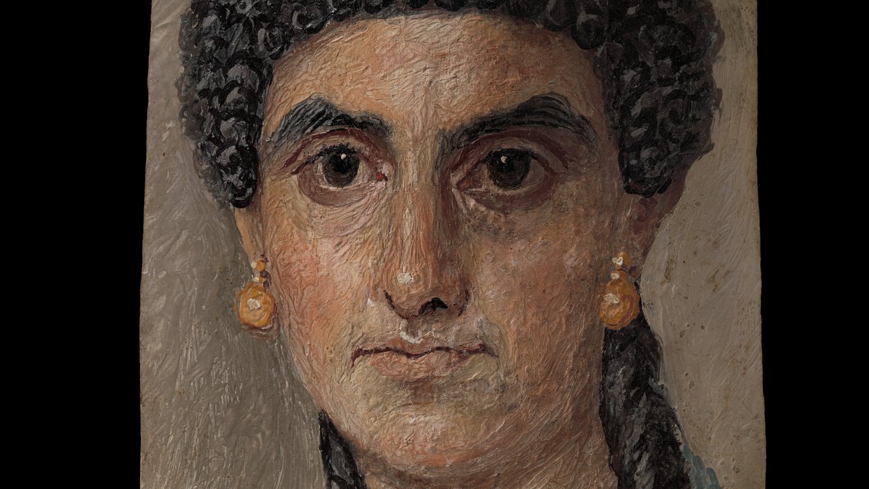 Panelmålning av en kvinna i blå mantel, 54-68 AD (enkaustisk på trä) av Roman Roman